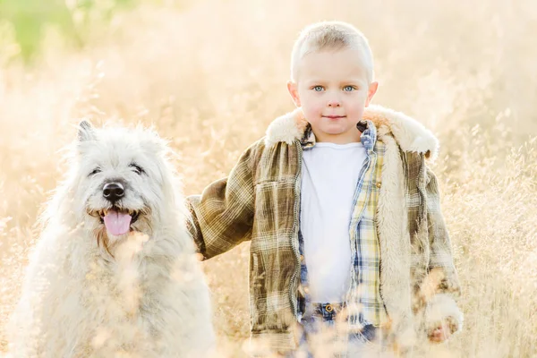 Feliz sorrindo menino loiro andando com cão amigo na fazenda — Fotografia de Stock