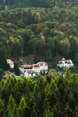 Bastei köprüsü ve Sandstone dağlarından Rathen kasabası ve Elbe nehrinin resimli sonbahar manzarası, Almanya, Dresden yakınlarındaki Sakson İsviçre Ulusal Parkı
