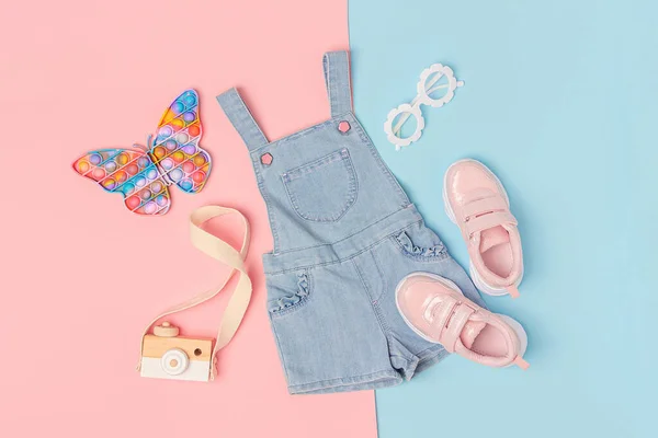 Stylish Summer Set Child Clothes Denim Jumpsuit Pink Sneakers Accessories — Stock Photo, Image