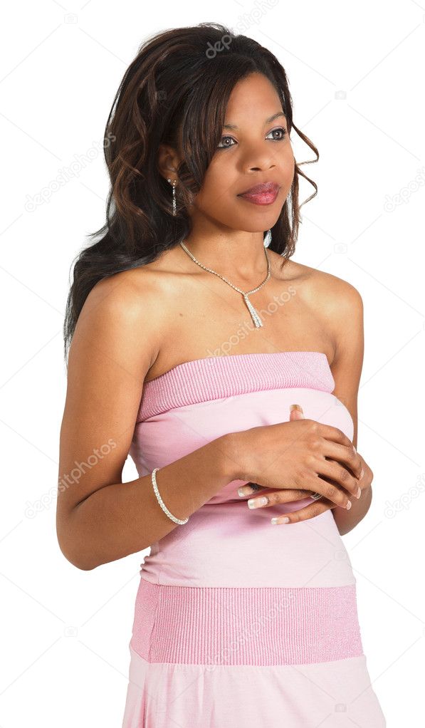 Portrait of beautiful black woman in pink sundress