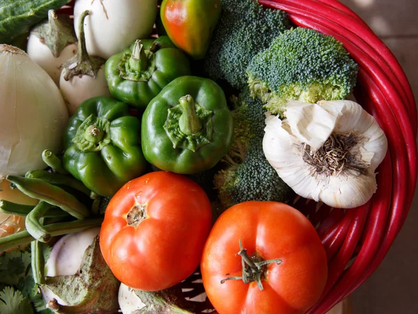 Top down look at late summer fresh vegetables Stock Picture