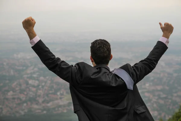 Success Business Concept Young Man Raisning Hands Up Cityscape — Stock Photo, Image
