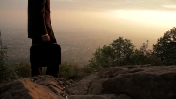 Homem de negócios em mala de viagem segurando o conceito de sucesso do pôr do sol — Vídeo de Stock