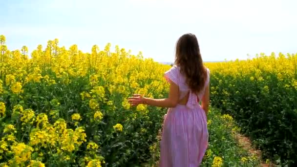 Junge Frau im Vintage-Kleid geht den Pfad hinunter Blumen Frühling — Stockvideo