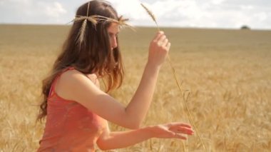 güzel bir genç kadın buğday organik yaşam konsepti toplama