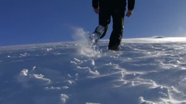 Man lopen door een snowhill winter aard achtergrond hd — Stockvideo