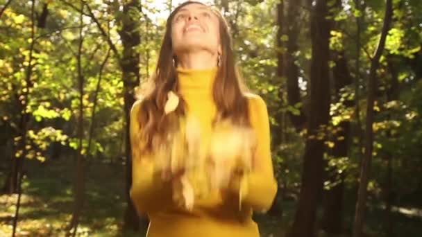 Woman Playing with Autumn leaves — Stock Video