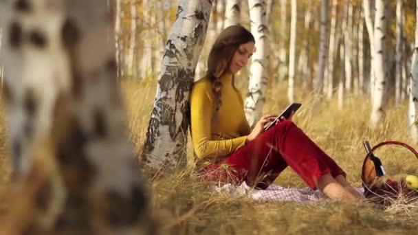 Mujer usando tableta en la naturaleza — Vídeo de stock