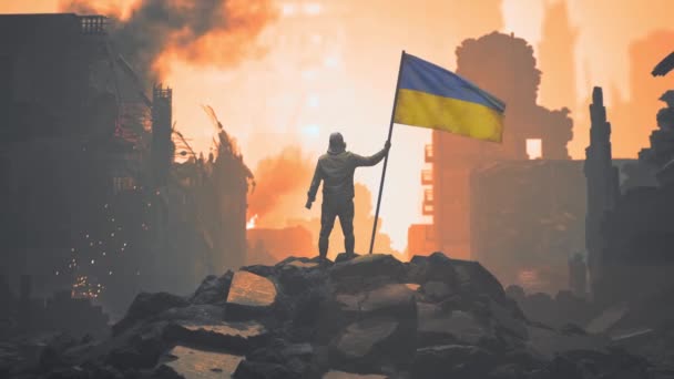 War in Ukraine Civilian Man Holding Ukrainian Flag amid Destruction Devastation Piece Talks Rebuilding Renew Violence Invasion Resistance Concept — Stock Video