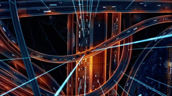 Autonomous Vehicles Cars Next Generation GPS Satellite Connection 5G Smart City Traffic Junction Highway Establishing Connection With Satellites Information Beams Transportation Communication Network