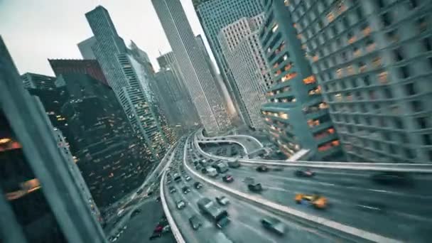 Digital City Downtown Landscape Fpv Fly Intense Highway Traffic Financial — Vídeos de Stock