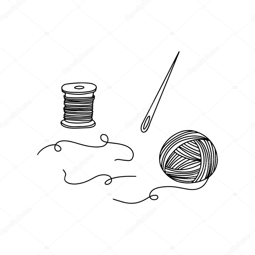Set of sewing illustrations. Outline illustration composition of needle, thread tips, thread ball, thread spool.