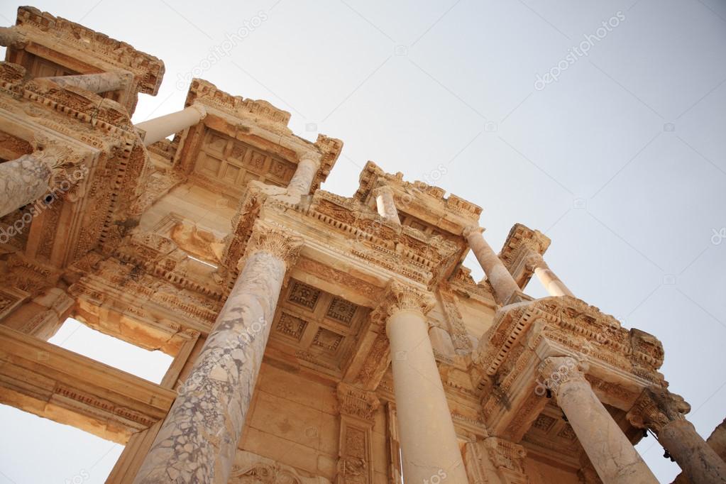 Looking up at the details of Celsus Library Ephesus