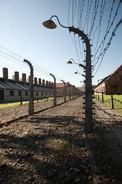 Silhouetted lamp and barbed wire, Auschwitz — Stock Photo, Image