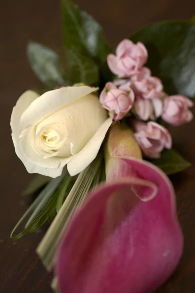 Cala lily and rose buttonhole — Stock Photo, Image