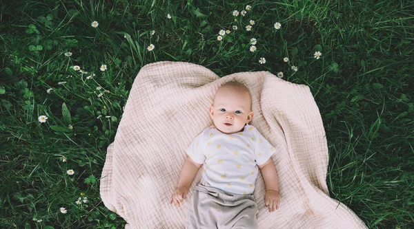 夏の屋外で緑の芝生の上に毛布に寝そべってかわいい幸せな赤ちゃん 自然の中で3ヶ月裸足の赤ちゃん エコ持続可能なライフスタイルの家族と子供時代の概念 — ストック写真