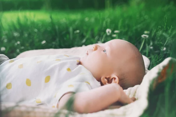 夏天户外 可爱的孩子躺在绿草上 躺在毛毯上 3个月大的赤脚宝宝 家庭和儿童生态可持续生活方式概念 — 图库照片
