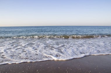 Deniz dalgaları ve kumla kaplı güzel bir deniz manzarası. Kumsalda deniz dalgaları.