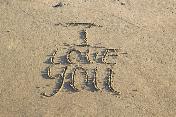 Palabras Que Amo Escribiendo Arena Playa Contra Fondo Letras Amor —  Fotos de Stock