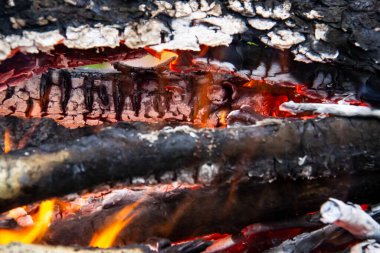 Yanan odun ateşinin kızgın közleri. Sıcak kırmızı renkte parlayan közler. Yakacak odun ızgarada yanıyor.