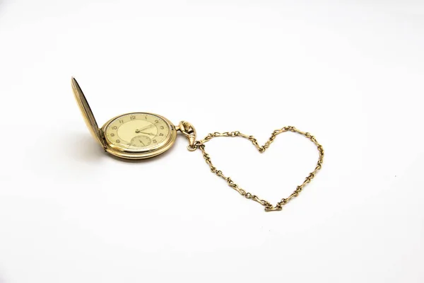 Vintage Golden Old Pocket Watch White Background Chain Lies Form — Stock fotografie