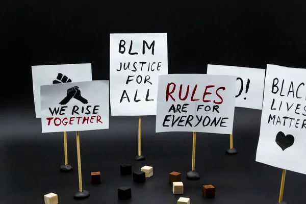 Black lives matter protests city concept. Posters of protest, rally, demonstration. Banners with words \