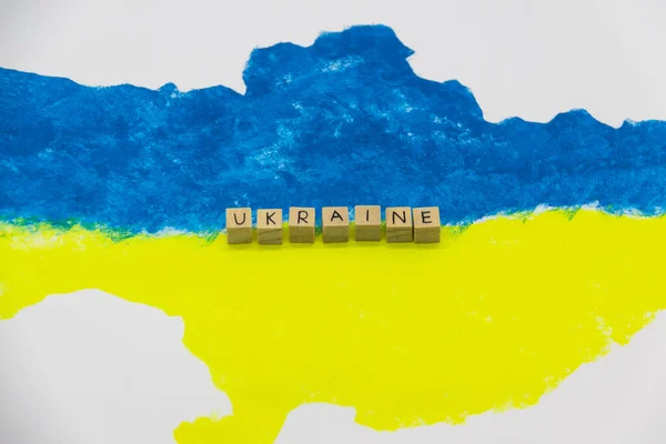 Palavra Ucrânia Escrito Cubos Madeira Fundo Com Mapa Ucraniano Cores — Fotografia de Stock