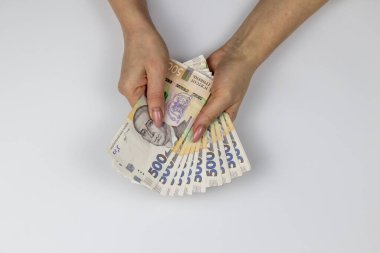 Kadın elleri Ukrayna para birimini elinde tutuyor. 500 'e kadar 6500 Hryvnia banknotu. Ukrayna 'nın parası.