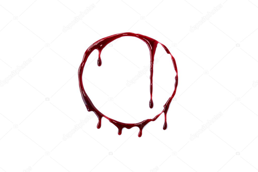 A blood spatter by the circle. A blood flowing down by round. Bloody pattern. Concepts of blood can be used in design