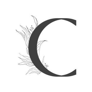 Vektör çiçek alfabesi. C harfinin tasarımı. Düğün davetiyeleri, kartvizitler, çiçekçilerin kartvizitleri. Sanat tarzında ince dallar ve yapraklar.