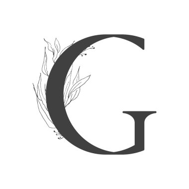 Vektör çiçek alfabesi. G harfinin tasarımı. Düğün davetiyeleri, kartvizitler, çiçekçilerin kartvizitleri. Sanat tarzında ince dallar ve yapraklar.