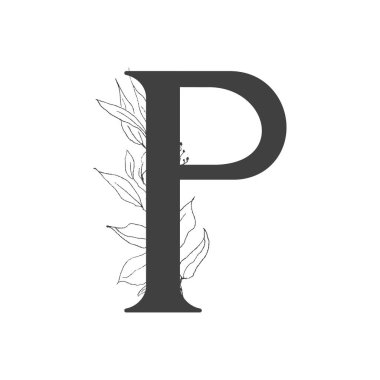 Vektör çiçek alfabesi. P harfinin tasarımı düğün davetiyeleri, kartvizitler, çiçekçilerin kartvizitleri. Sanat tarzında ince dallar ve yapraklar.