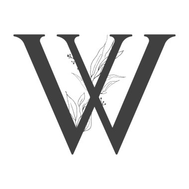 Vektör çiçek alfabesi. W harfinin tasarımı. Düğün davetiyeleri, kartvizitler, çiçekçilerin kartvizitleri. Sanat tarzında ince dallar ve yapraklar.