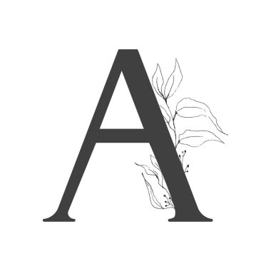 Vektör çiçek alfabesi. A harfinin tasarımı. Düğün davetiyeleri, kartvizitler, çiçekçilerin kartvizitleri. Sanat tarzında ince dallar ve yapraklar.