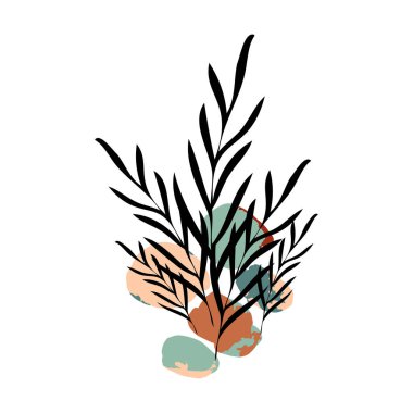 Botanik soyut vektör kümesi. El çizimi yeşillik ve bitkiler doğrusal tarzda, soyut şekiller ve şekiller. Terracotta ve doğal renkler. Kapaklar, afişler, afişler, duvar resimleri, posterler ve baskılar için minimal boho tasarımı