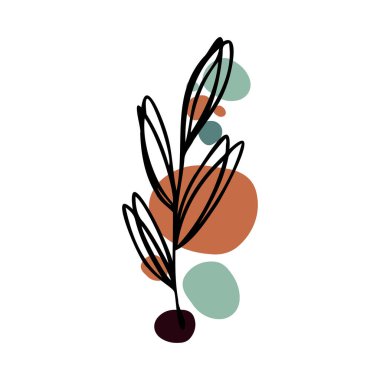 Botanik soyut vektör kümesi. El çizimi yeşillik ve bitkiler doğrusal tarzda, soyut şekiller ve şekiller. Terracotta ve doğal renkler. Kapaklar, afişler, afişler, duvar resimleri, posterler ve baskılar için minimal boho tasarımı