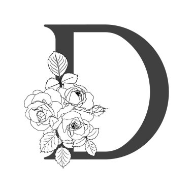 Vektör çiçek alfabesi. D harfinin çiçek dizaynı. Monogram çiçek harfleri. Düğün davetiyeleri, kartvizitler, çiçekçilerin kartvizitleri. Güllerin doğrusal dizaynı.