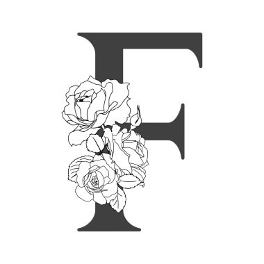 Vektör çiçek alfabesi. F harfinin çiçek dizaynı. Monogram çiçek harfleri. Düğün davetiyeleri, kartvizitler, çiçekçilerin kartvizitleri. Güllerin doğrusal dizaynı.