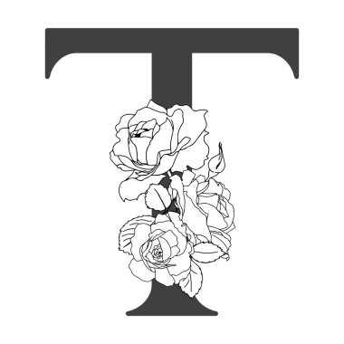 Vektör çiçek alfabesi. T harfinin çiçek deseni. Monogram çiçek harfleri. Düğün davetiyeleri, kartvizitler, çiçekçilerin kartvizitleri. Güllerin doğrusal dizaynı.