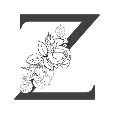 Vektör çiçek alfabesi. Z harfinin çiçek deseni. Monogram çiçek harfleri. Düğün davetiyeleri, kartvizitler, çiçekçilerin kartvizitleri. Güllerin doğrusal dizaynı.