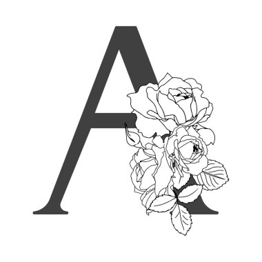 Vektör çiçek alfabesi. A harfinin çiçekli tasarımı. Monogram çiçek harfleri. Düğün davetiyeleri, kartvizitler, çiçekçilerin kartvizitleri. Güllerin doğrusal dizaynı.