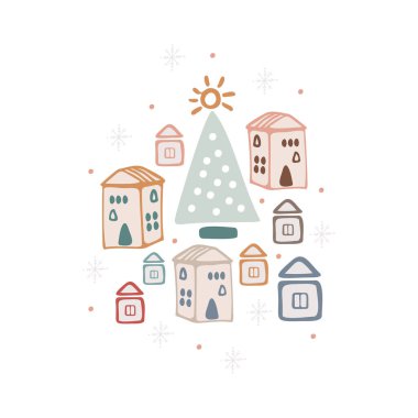 Boho kış tatili unsurları el çizimi tarzında. Noel vektör dekorasyonu. İskandinav manzarası, evler, ağaçlar ve Noel ağaçları. Tebrik kartları, posterler, davetiye tasarımı.