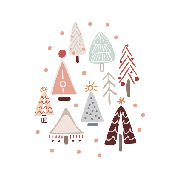 Boho Winter Urlaub Elemente Handgezeichneten Stil Weihnachtsdekoration Skandinavische Weihnachtslandschaft Weihnachtsbäume — Stockvektor