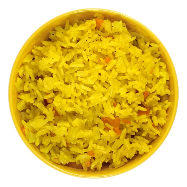 Vařené šafránová rýže se zeleninou v žluté misce — Stock fotografie