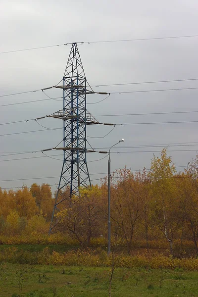 Power Line Mast Towers Bright Fall Trees — Stock Photo, Image