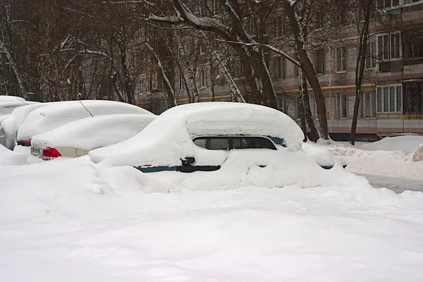 Автомобили Парковке Толстым Слоем Снега — стоковое фото