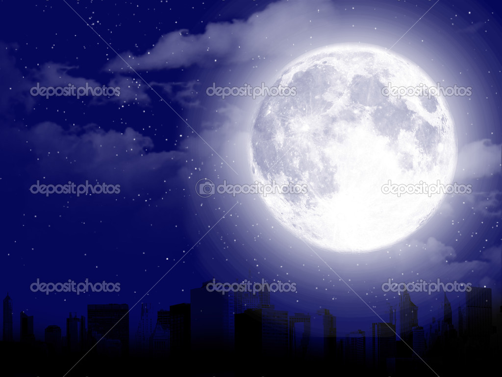 City silhouette under unrealistic big moon