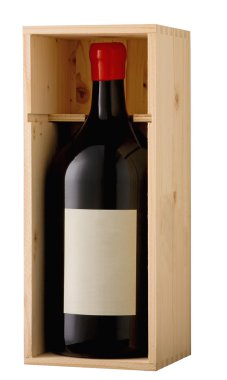 Red wine magnum bottle in wooden box with blank label. Clipping clipart