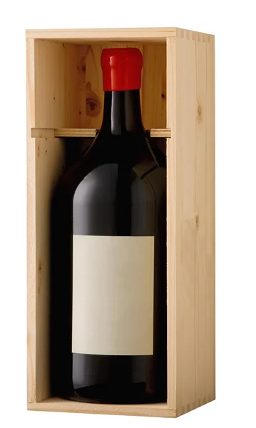 Red wine magnum bottle in wooden box with blank label. Clipping — Stock Photo, Image