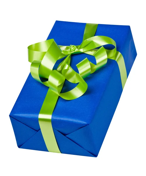 Blue box with green bow — Stock Photo, Image